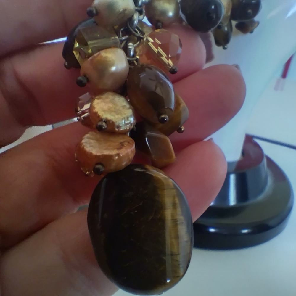 Necklace and Bracelet Set, Tiger's Eye,  champagne pearl and crystal elements - Picture 5 of 9